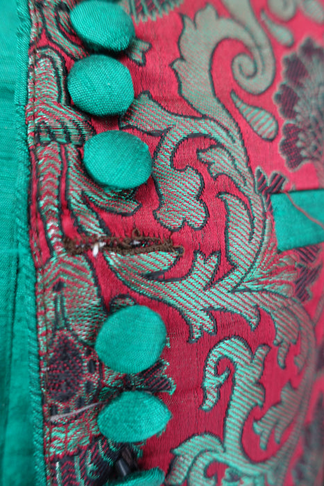 Men Green Raw Silk Shalwar Kurta With Brocade Jacket - To Fit Chest 42"