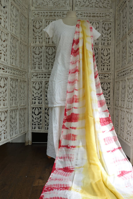 White Embroidered Cotton Suit With Pure Silk Dupatta - UK 12/EU 38 - Preloved