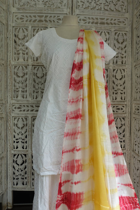 White Embroidered Cotton Suit With Pure Silk Dupatta - UK 12/EU 38 - Preloved