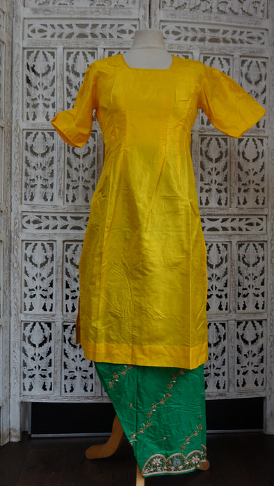 Yellow And Green Silk Vintage Suit With 2 Kameez - UK 10/36 - Preloved