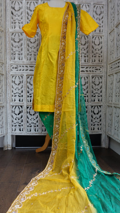 Yellow And Green Silk Vintage Suit With 2 Kameez - UK 10/36 - Preloved