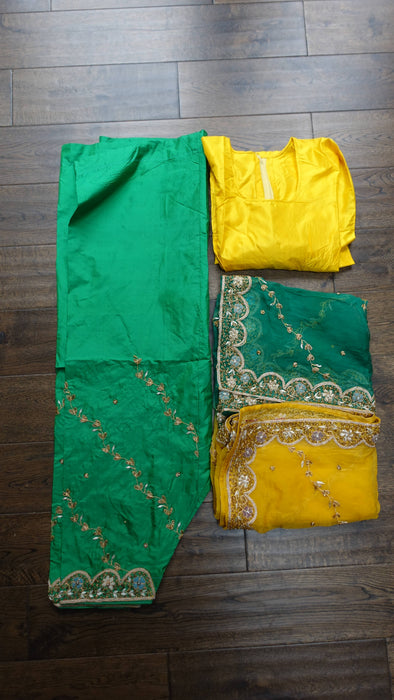 Yellow And Green Silk Vintage Suit With 2 Kameez - UK 10/36 - Preloved