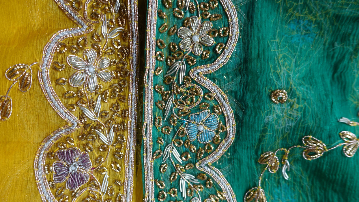 Yellow And Green Silk Vintage Suit With 2 Kameez - UK 10/36 - Preloved