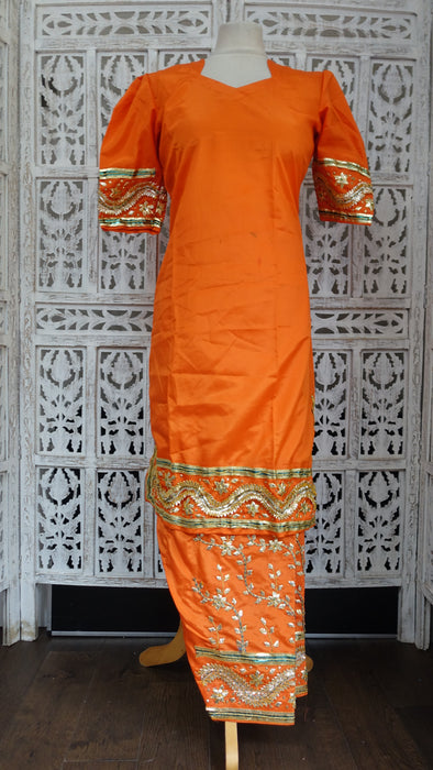 Orange Vintage Crepe Gota Salwar Suit - UK 12 / EU 38 - Preloved