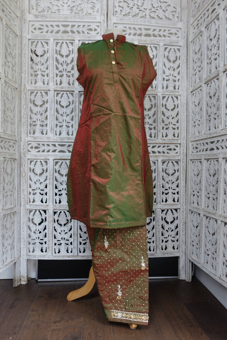 Green Vintage Silk 4 Piece Salwar Suit - New - UK 14/EU 40