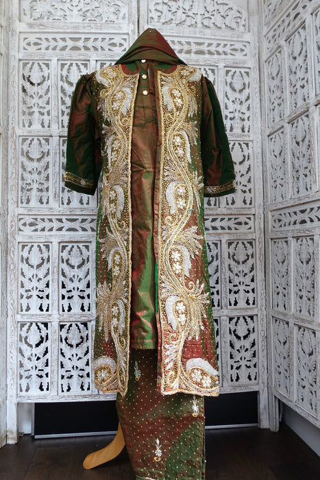 Green Vintage Silk 4 Piece Salwar Suit - New - UK 14/EU 40