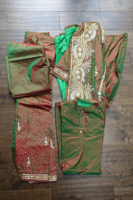 Green Vintage Silk 4 Piece Salwar Suit - New - UK 14/EU 40