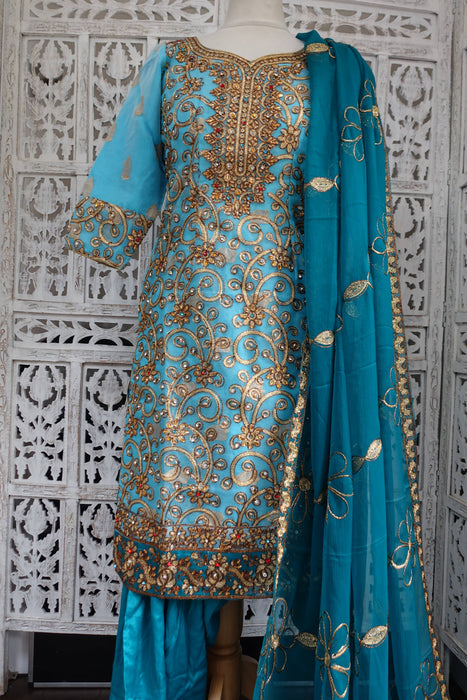 Aqua Blue And Teal Salwar Kameez - UK 8/EU 34 - New