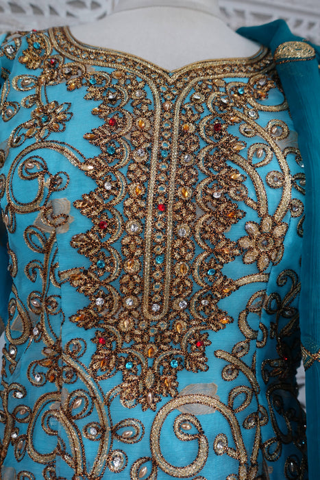 Aqua Blue And Teal Salwar Kameez - UK 8/EU 34 - New