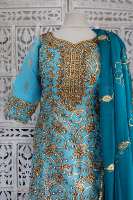 Aqua Blue And Teal Salwar Kameez - UK 8/EU 34 - New