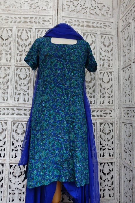Blue And Green Printed Unlined Silk - Preloved - UK 12/EU 40