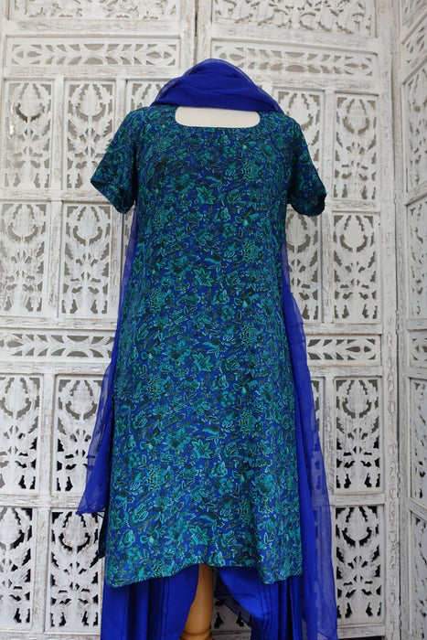 Blue And Green Printed Unlined Silk - Preloved - UK 12/EU 40