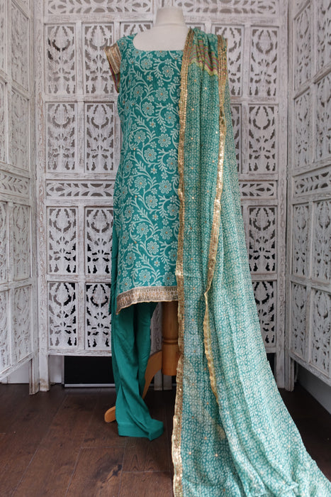Sea Green Pure Silk Salwar Kameez - UK 12/EU 38 - New