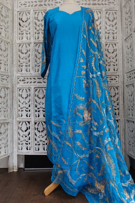Peacock Blue Vintage Silk Salwar Kameez - UK 18/EU 44 - New