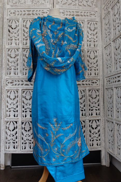 Peacock Blue Vintage Silk Salwar Kameez - UK 18/EU 44 - New