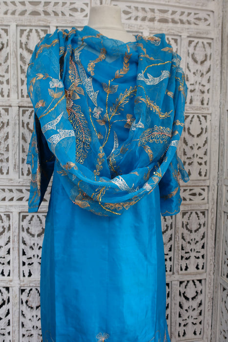 Peacock Blue Vintage Silk Salwar Kameez - UK 18/EU 44 - New