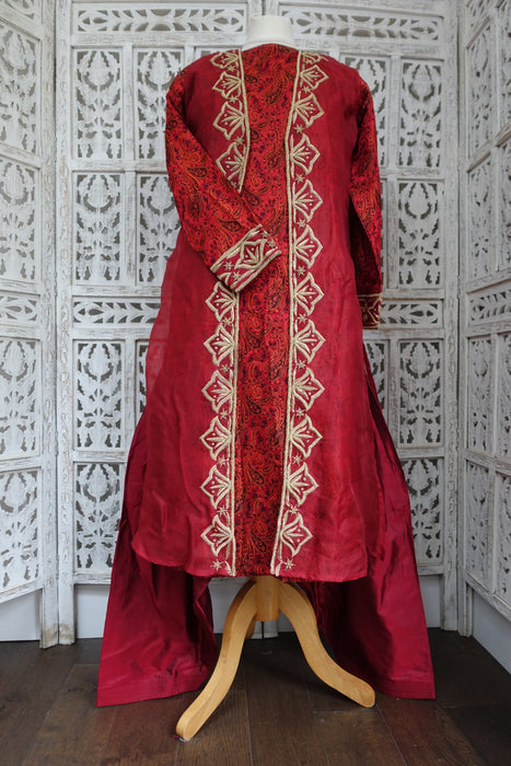 Dark Red Silk Salwar Kameez With Over Jacket - UK 8 / EU 34 - New
