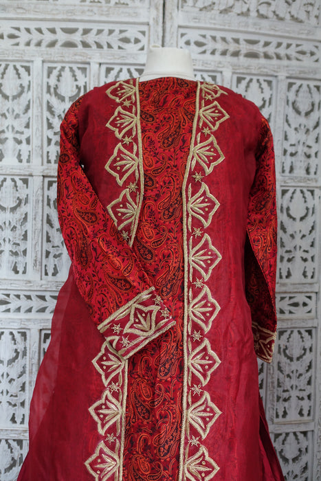 Dark Red Silk Salwar Kameez With Over Jacket - UK 8 / EU 34 - New