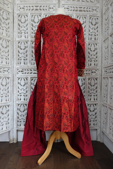 Dark Red Silk Salwar Kameez With Over Jacket - UK 8/EU 34 - New