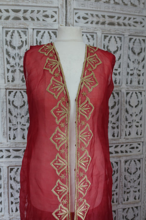Dark Red Silk Salwar Kameez With Over Jacket - UK 8 / EU 34 - New