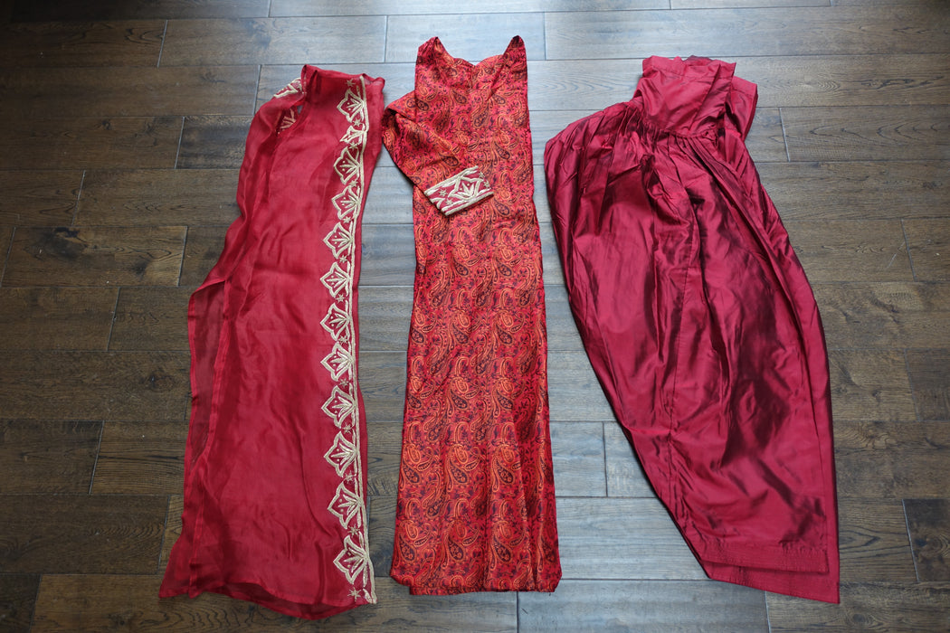 Dark Red Silk Salwar Kameez With Over Jacket - UK 8 / EU 34 - New