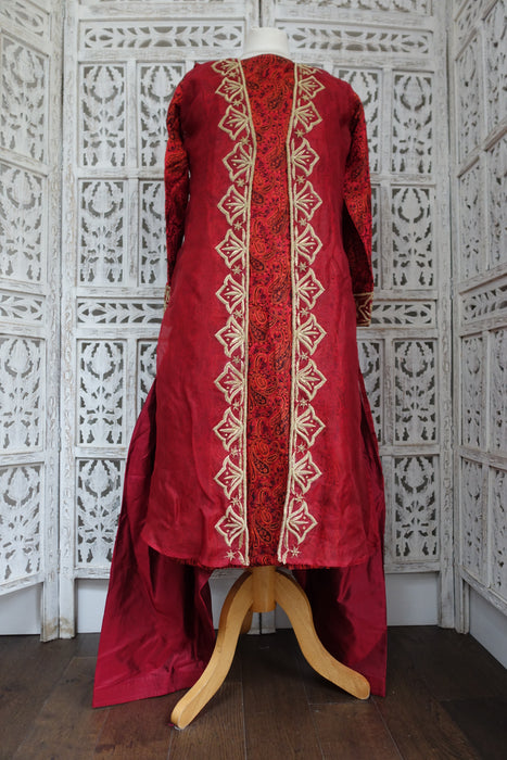 Dark Red Silk Salwar Kameez With Over Jacket - UK 8 / EU 34 - New