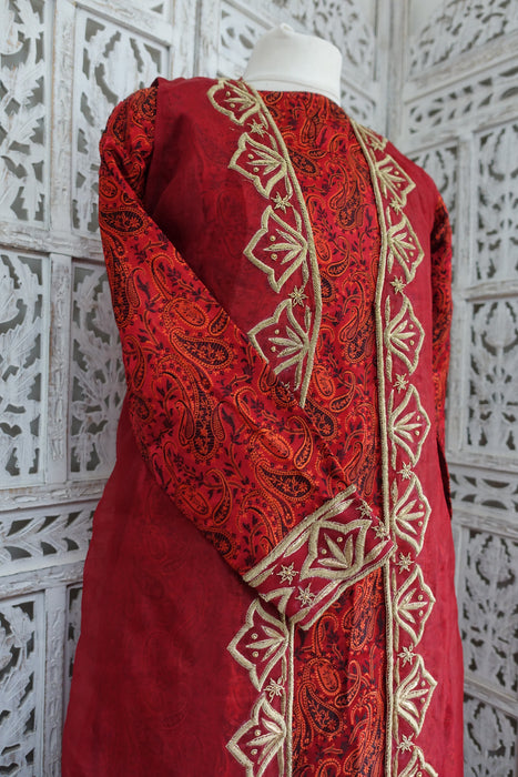 Dark Red Silk Salwar Kameez With Over Jacket - UK 8 / EU 34 - New