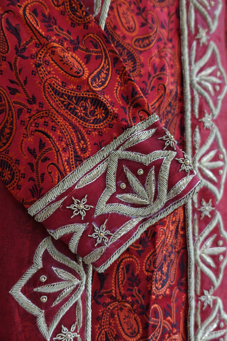Dark Red Silk Salwar Kameez With Over Jacket - UK 8 / EU 34 - New