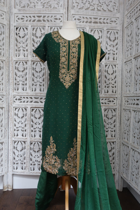 Forest Green Chiffon Salwar Kameez - UK 16 / EU 42 - Preloved