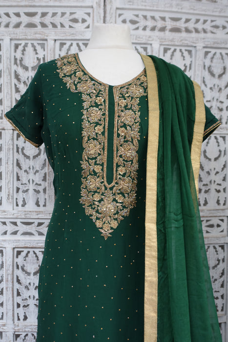 Forest Green Chiffon Salwar Kameez - UK 16 / EU 42 - Preloved