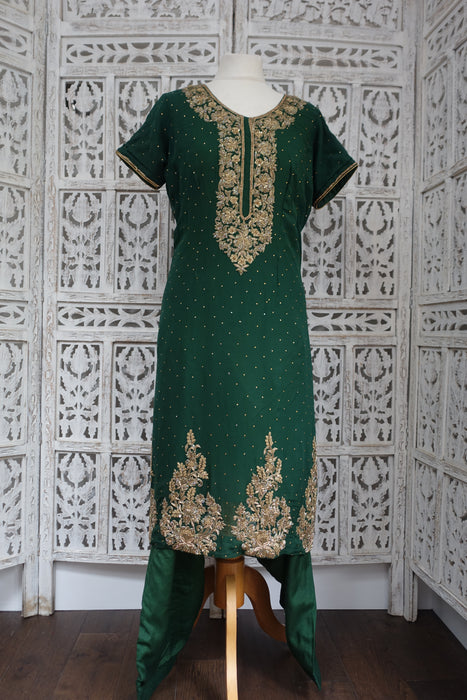 Forest Green Chiffon Salwar Kameez - UK 16 / EU 42 - Preloved