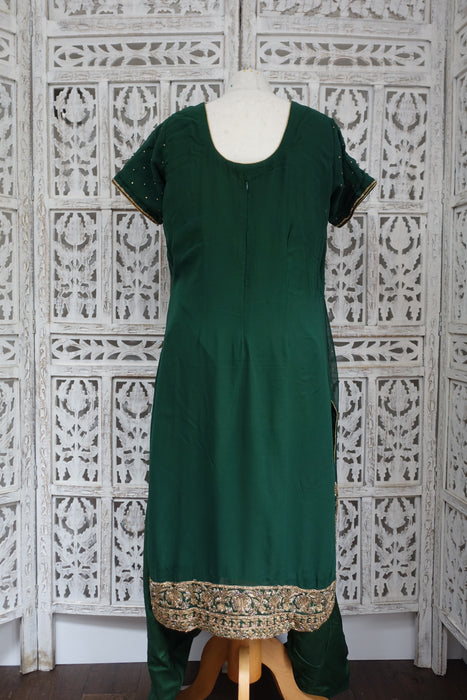 Forest Green Chiffon Salwar Kameez - UK 16 / EU 42 - Preloved