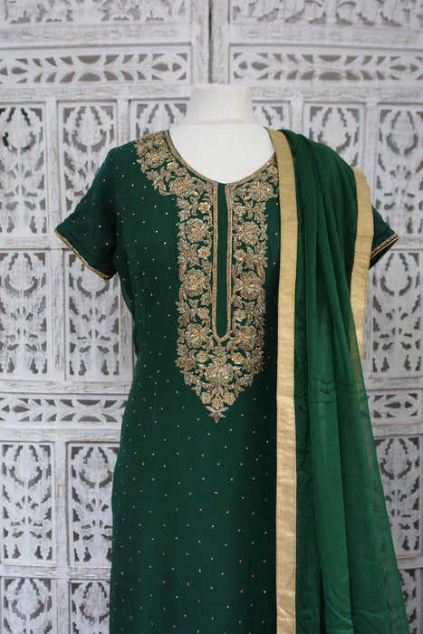 Forest Green Chiffon Salwar Kameez - UK 16 / EU 42 - Preloved