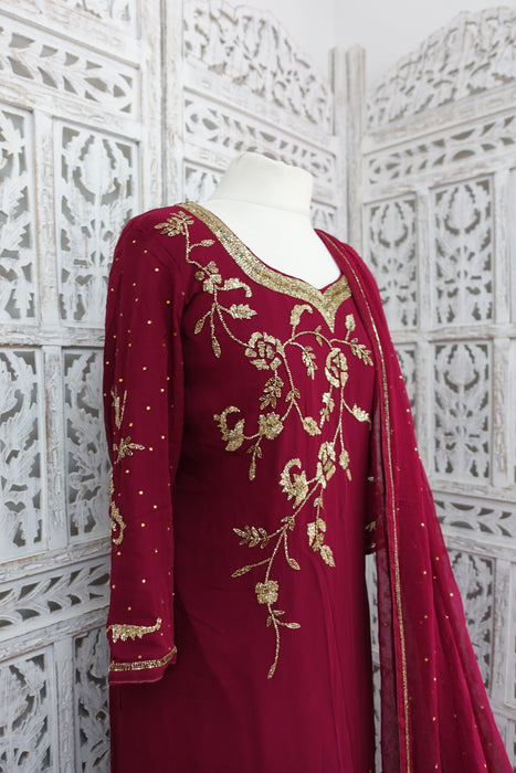 Deep Plum Silk Chiffon Salwar Kameez - UK 20/EU 46 - Preloved