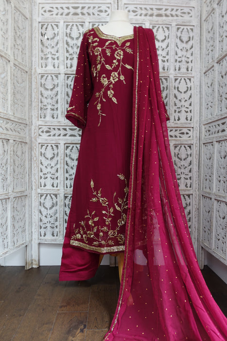 Deep Plum Silk Chiffon Salwar Kameez - UK 20/EU 46 - Preloved