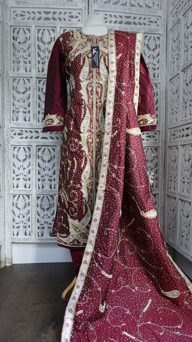 Maroon Vintage Pure Silk Salwar Kameez - UK 18 / EU 44 - New