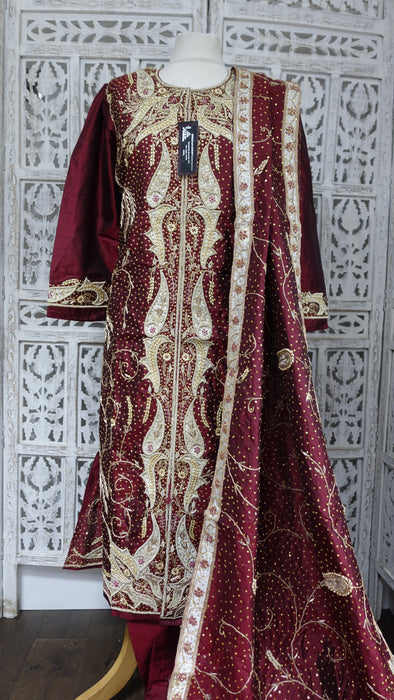 Maroon Vintage Pure Silk Salwar Kameez - UK 18 / EU 44 - New
