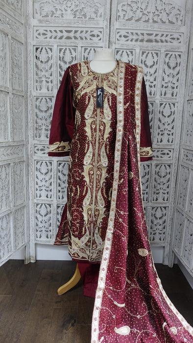 Maroon Vintage Pure Silk Salwar Kameez - UK 18 / EU 44 - New