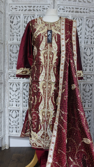 Maroon Vintage Pure Silk Salwar Kameez - UK 18 / EU 44 - New