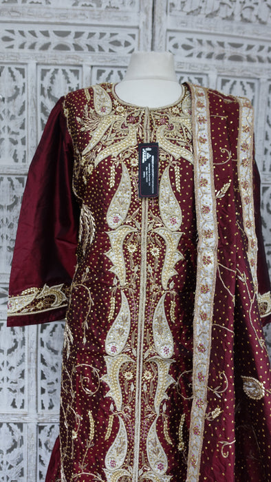 Maroon Vintage Pure Silk Salwar Kameez - UK 18 / EU 44 - New