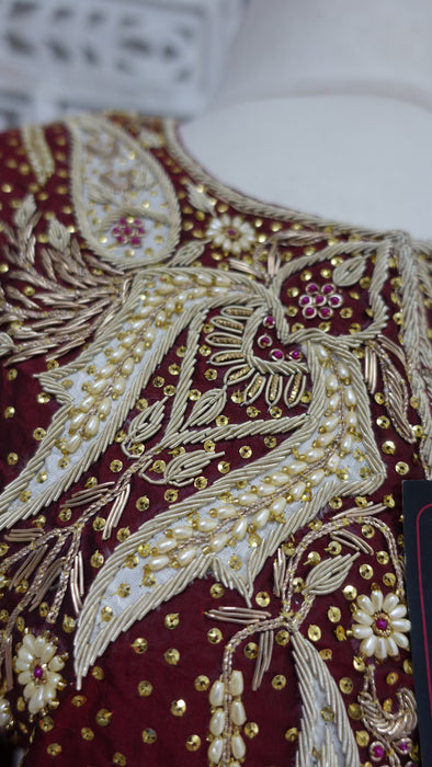 Maroon Vintage Pure Silk Salwar Kameez - UK 18 / EU 44 - New