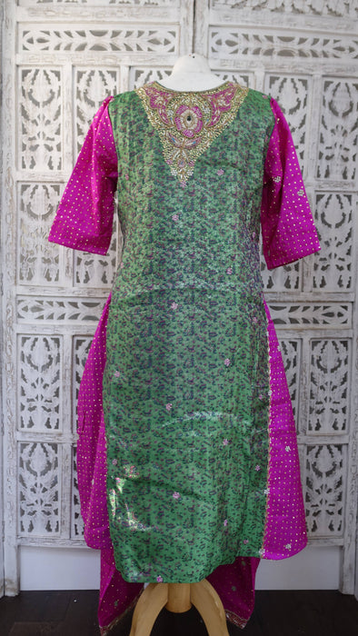 Green And Pink Vintage Banarsi Brocade Salwar Kameez - UK 10/EU 36 - New