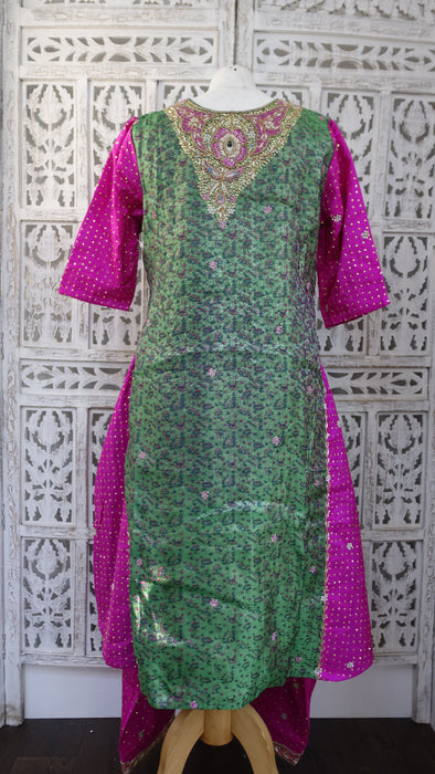 Green And Pink Vintage Banarsi Brocade Salwar Kameez - UK 10/EU 36 - New
