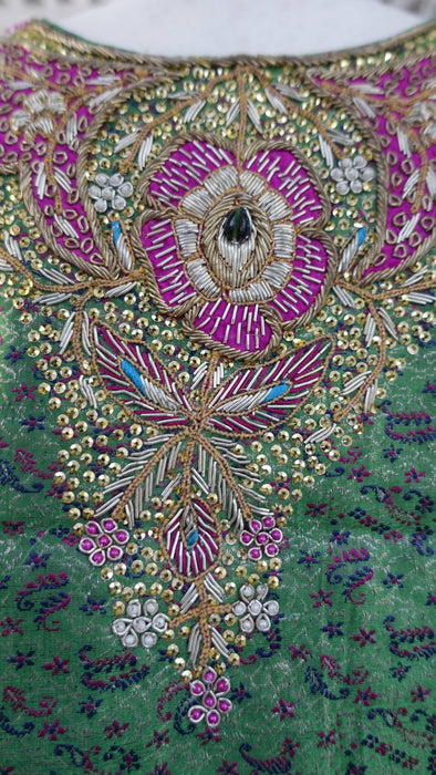 Green And Pink Vintage Banarsi Brocade Salwar Kameez - UK 10/EU 36 - New