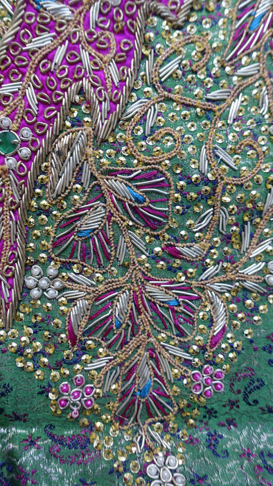 Green And Pink Vintage Banarsi Brocade Salwar Kameez - UK 10/EU 36 - New