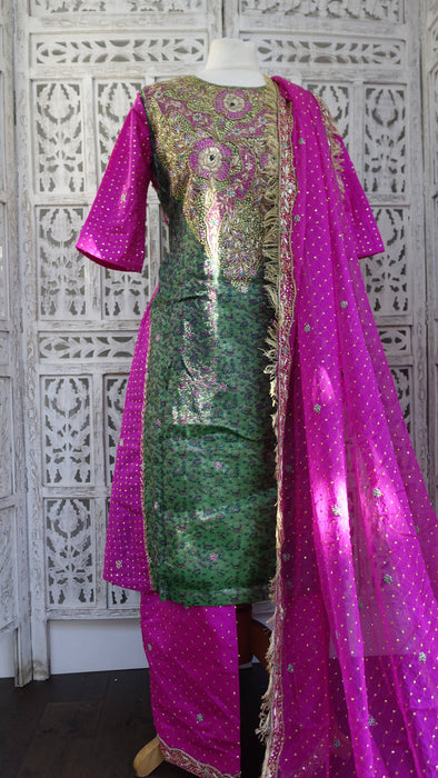 Green And Pink Vintage Banarsi Brocade Salwar Kameez - UK 10/EU 36 - New
