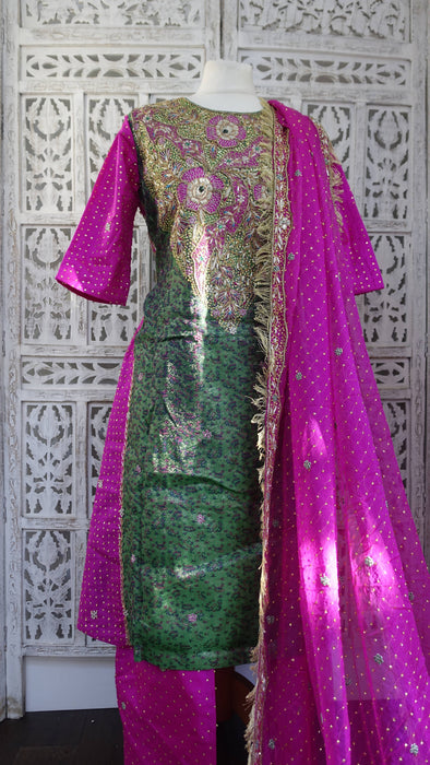 Green And Pink Vintage Banarsi Brocade Salwar Kameez - UK 10/EU 36 - New