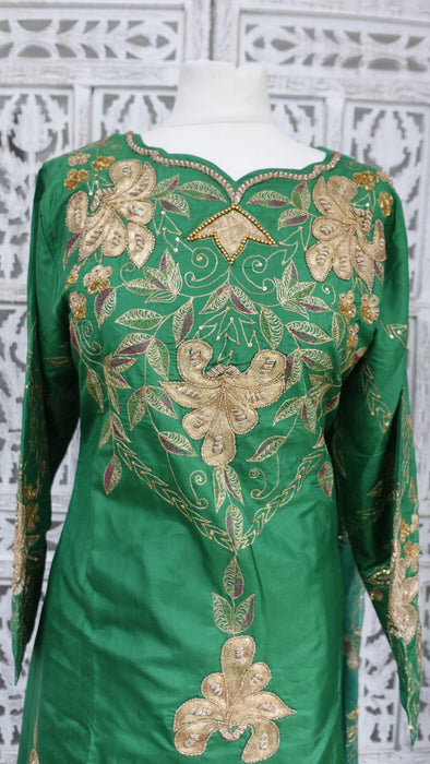 Emerald Green Vintage Silk Salwar Kameez - UK 12/EU 38 - New