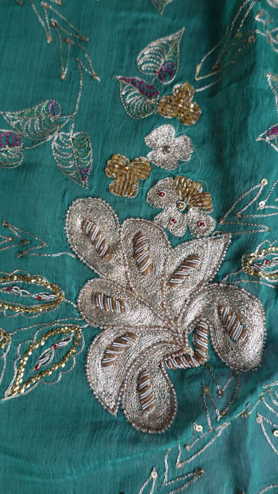 Emerald Green Vintage Silk Salwar Kameez - UK 12/EU 38 - New