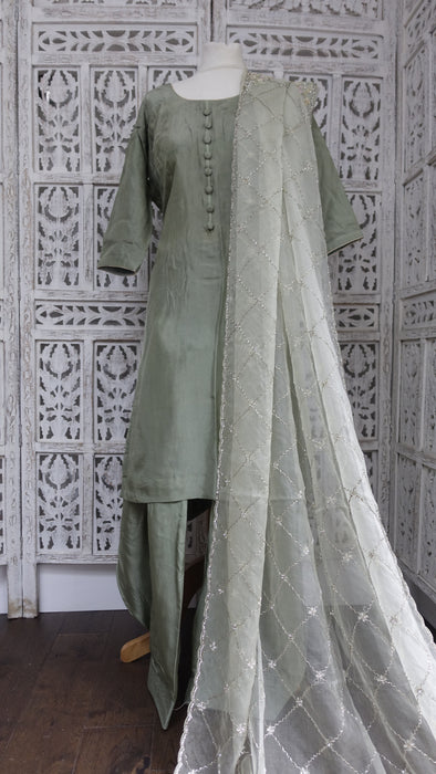 Sage Green Chanderi Silk Salwar Kameez - UK 14/EU 40 - Preloved
